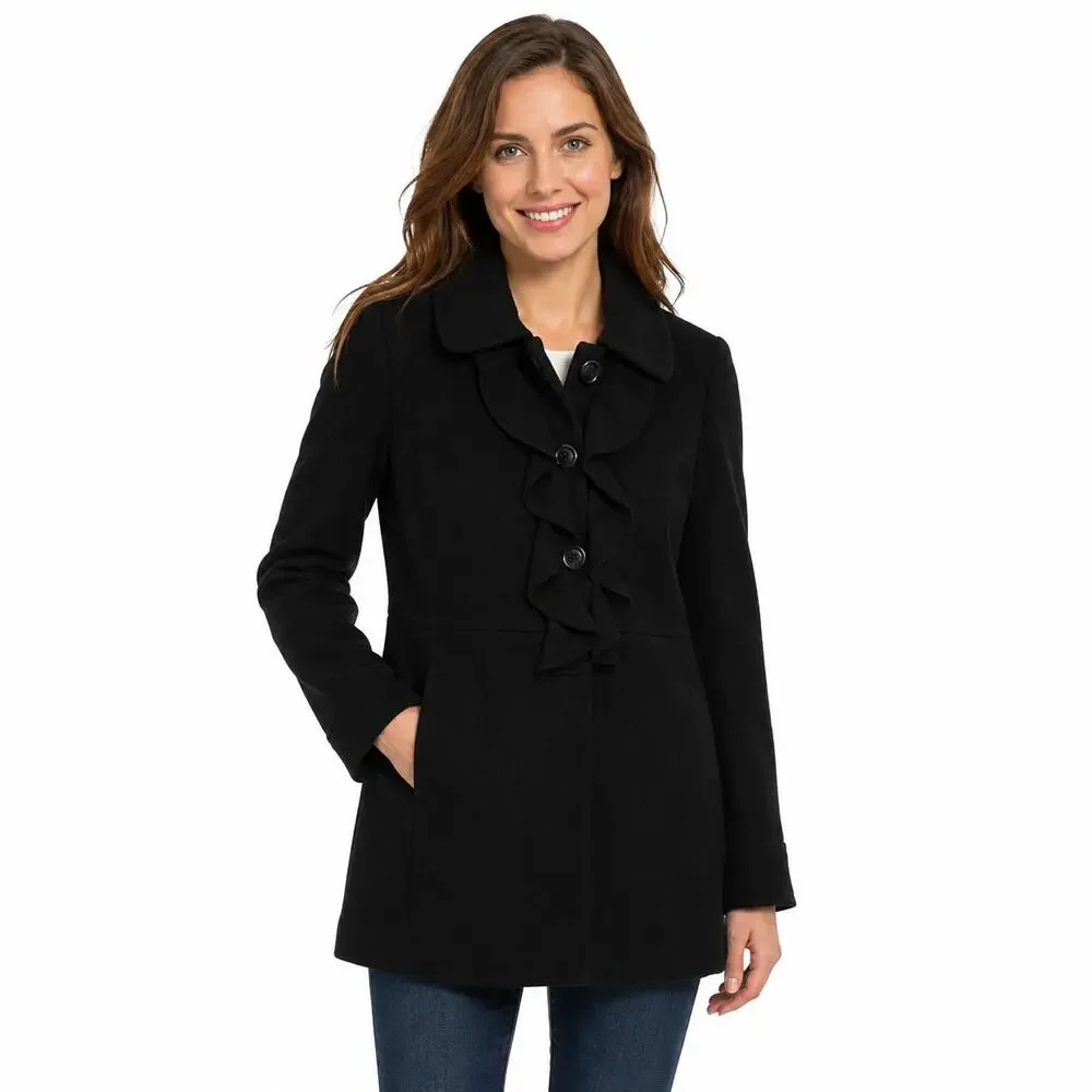 J.Crew Women's Black Wool Blend Ruffle Front Coat Jacket Size 2 Classic Button